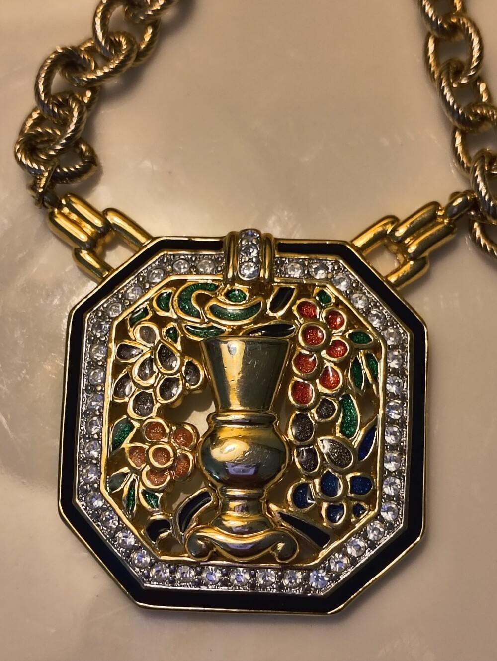 Vintage Holy Chalice Bold Elegance Gold Tone Enamel Rhinestone Pendant Necklace